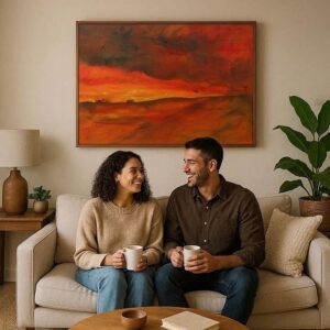 kunst trends interieur 2026, warm rood oranje landschap schilderij voor een sfeervol interieur
