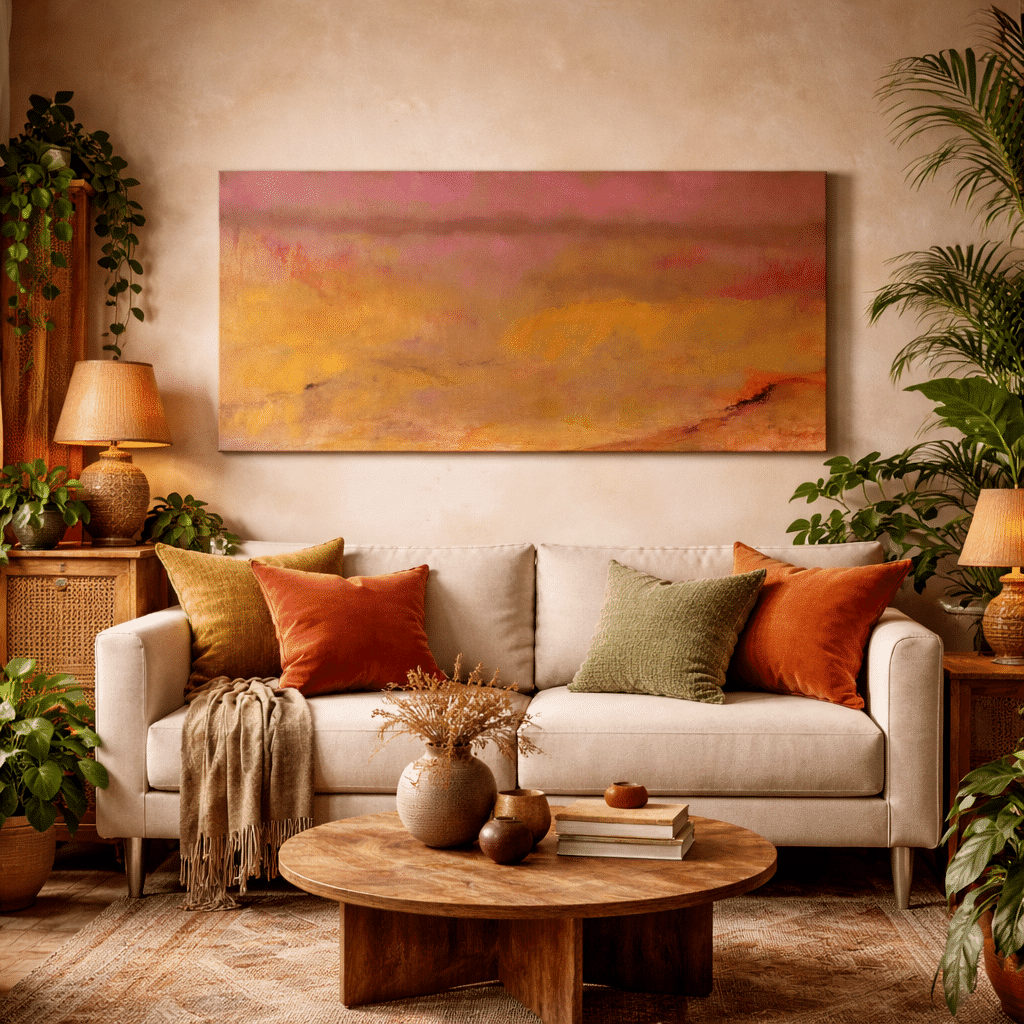 groot schilderij boven bank, groot warm landschap schilderij boven bank in woonkamer