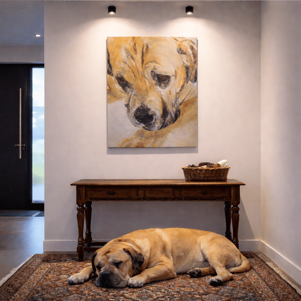 dierenkunst in huis, boerboel schilderij in de gang als dierenkunst in huis
