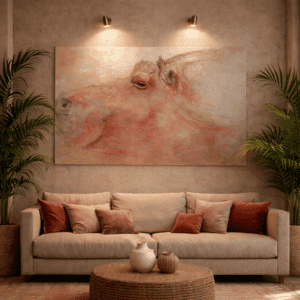 schilderij kiezen woonkamer, nijlpaard schilderij in woonkamer als speelse kunst boven de bank