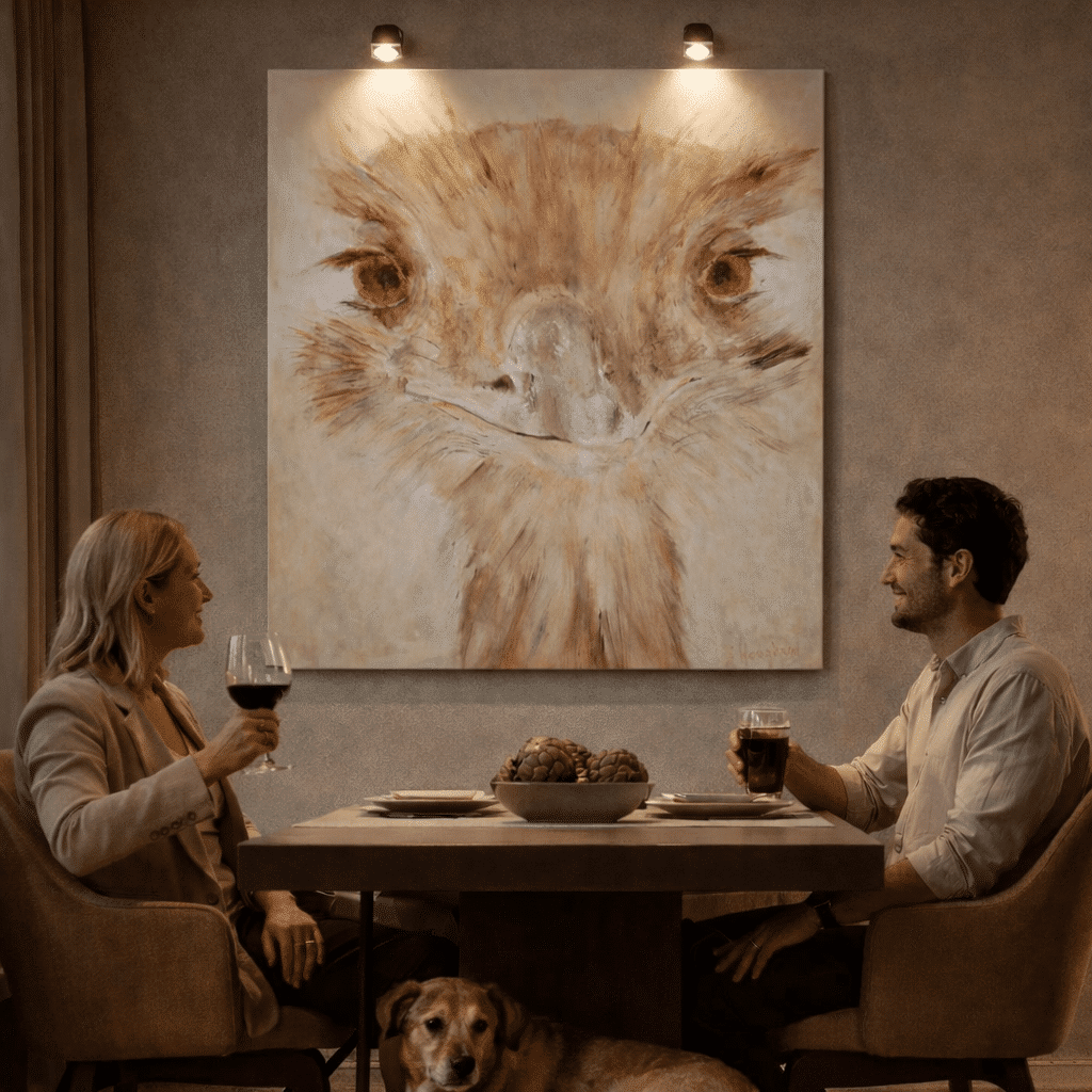 expressief schilderij interieur, expressief struisvogel schilderij aan eettafel in stijlvol interieur